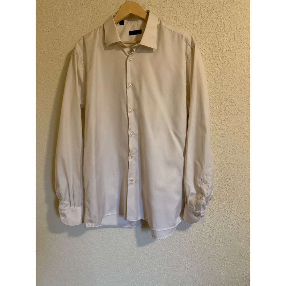 Saks Fifth Avenue Mens White‎ Textured 100% Cotton Button Down Dress Shirt 17.5